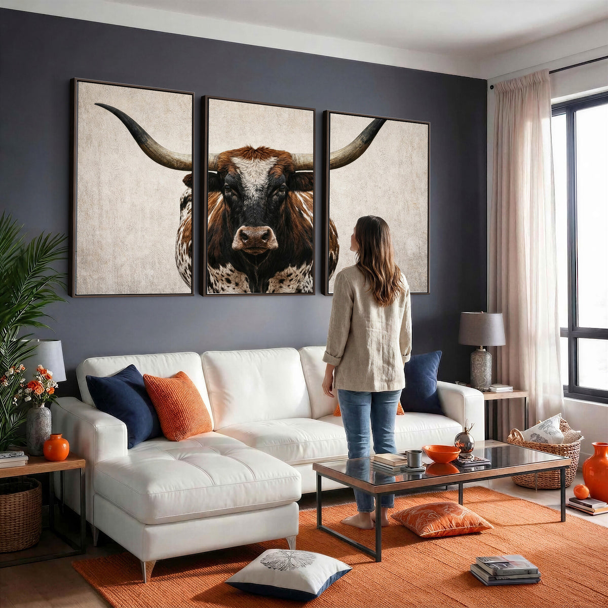 58622065-MGV-CV-36X24 - Texas Longhorn Canvas Wall Art Western Bull Desert Moody Grey Overcast Rustic Farmhouse Framed Large for Living Room Bedroom Office Decor