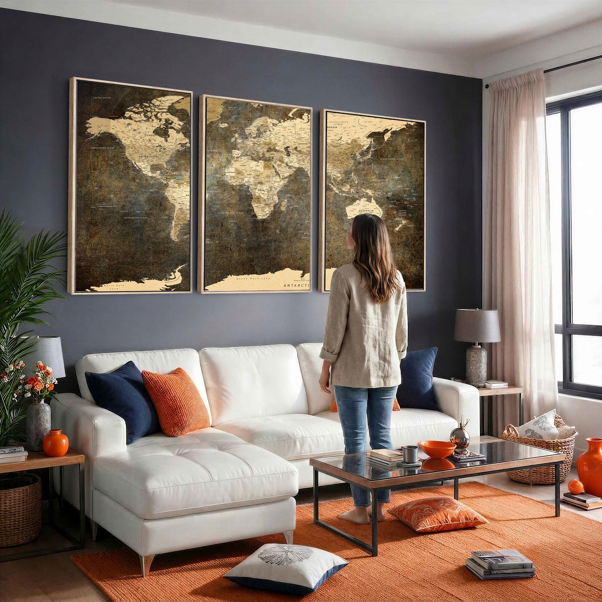 89742472-MGV-CV-36X24 - Large Framed Vintage World Map Wall Art Print for Home Wall