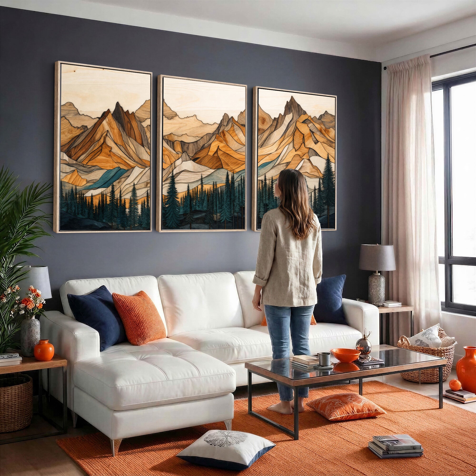 57384313-MGV-CV-60X30-3P - Mountain Landscape Canvas Wall Art with Wood Grain Effect, Golden Peaks and Teal Pine Forest, Framed Cabin Decor