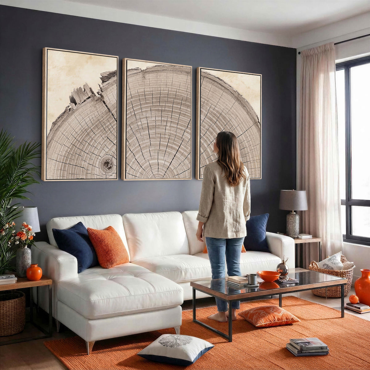 64174838-MGV-CV-60X30-3P - Tree Ring Canvas Wall Art in Neutral Earth Tones, Framed Wood Slice Print for Rustic and Japandi Interiors