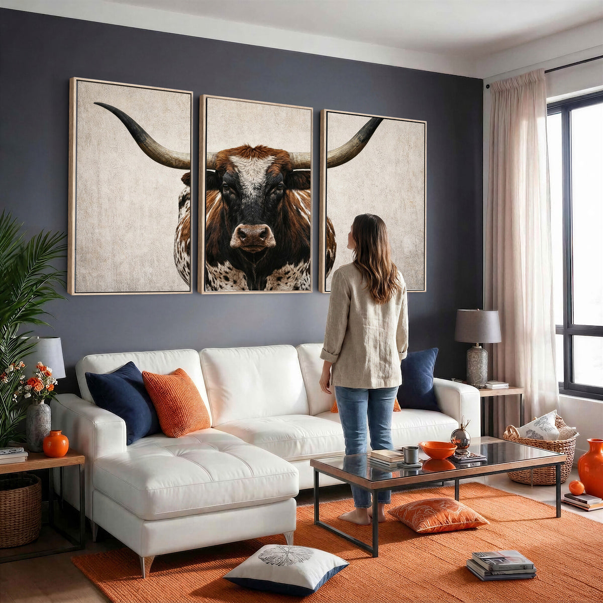 58622065-MGV-CV-36X24 - Texas Longhorn Canvas Wall Art Western Bull Desert Moody Grey Overcast Rustic Farmhouse Framed Large for Living Room Bedroom Office Decor