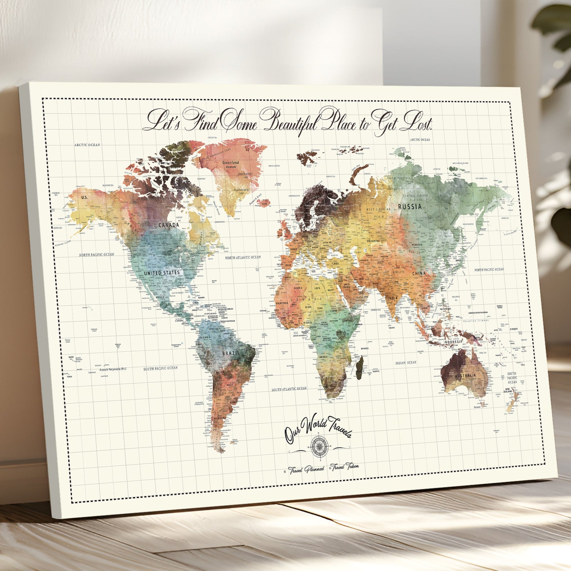 Rehber01-MGV-CV-36X24-Custom Framed World Map Canvas Print Personalized Push Pin Travel Tracker Gift for Couples for Home, Office