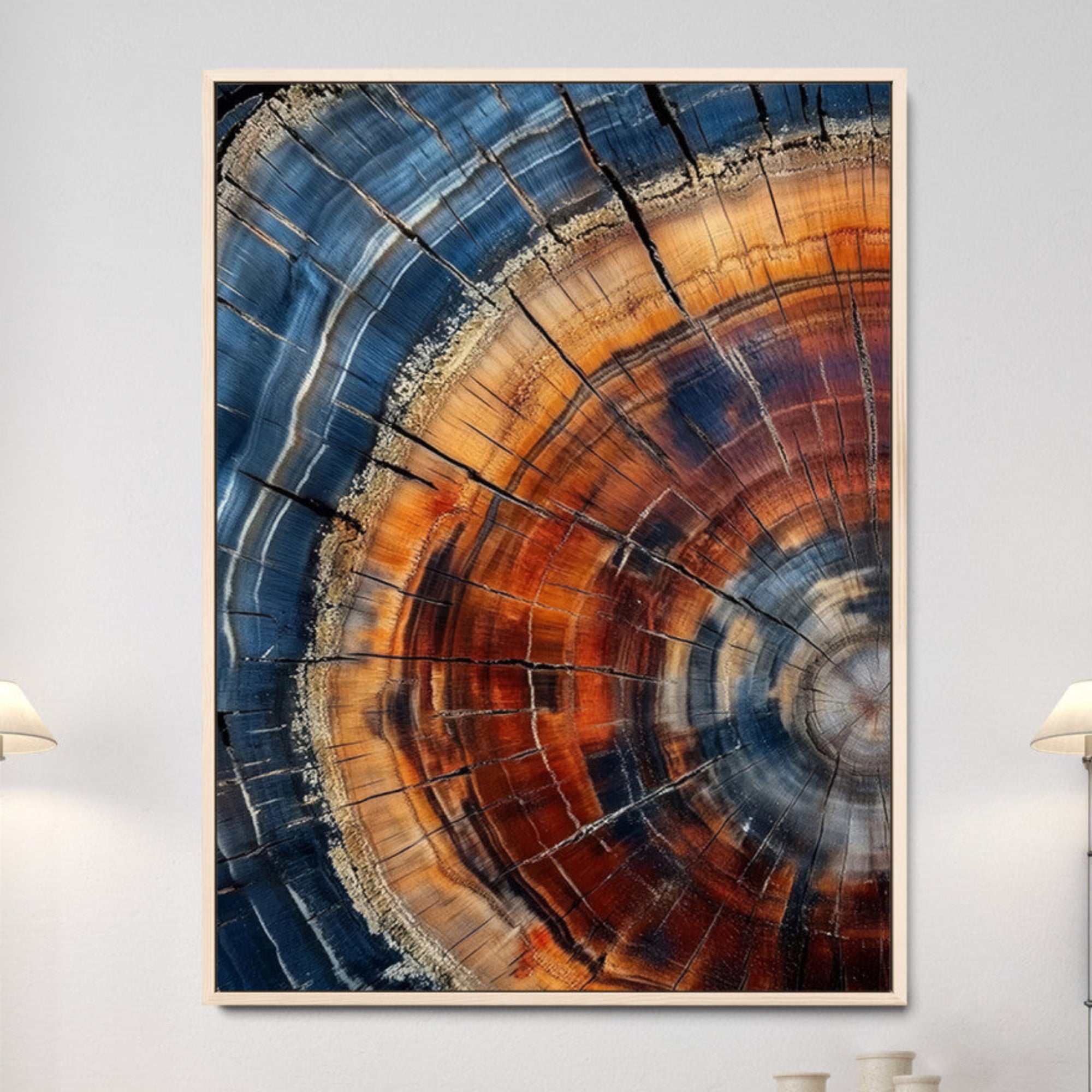 38379387-MGV-CV-36X24-Tree Rings Wall Art Canvas Print – Blue Wood Grain Rustic Texture Natural Earthy Nature Artwork for Home Office