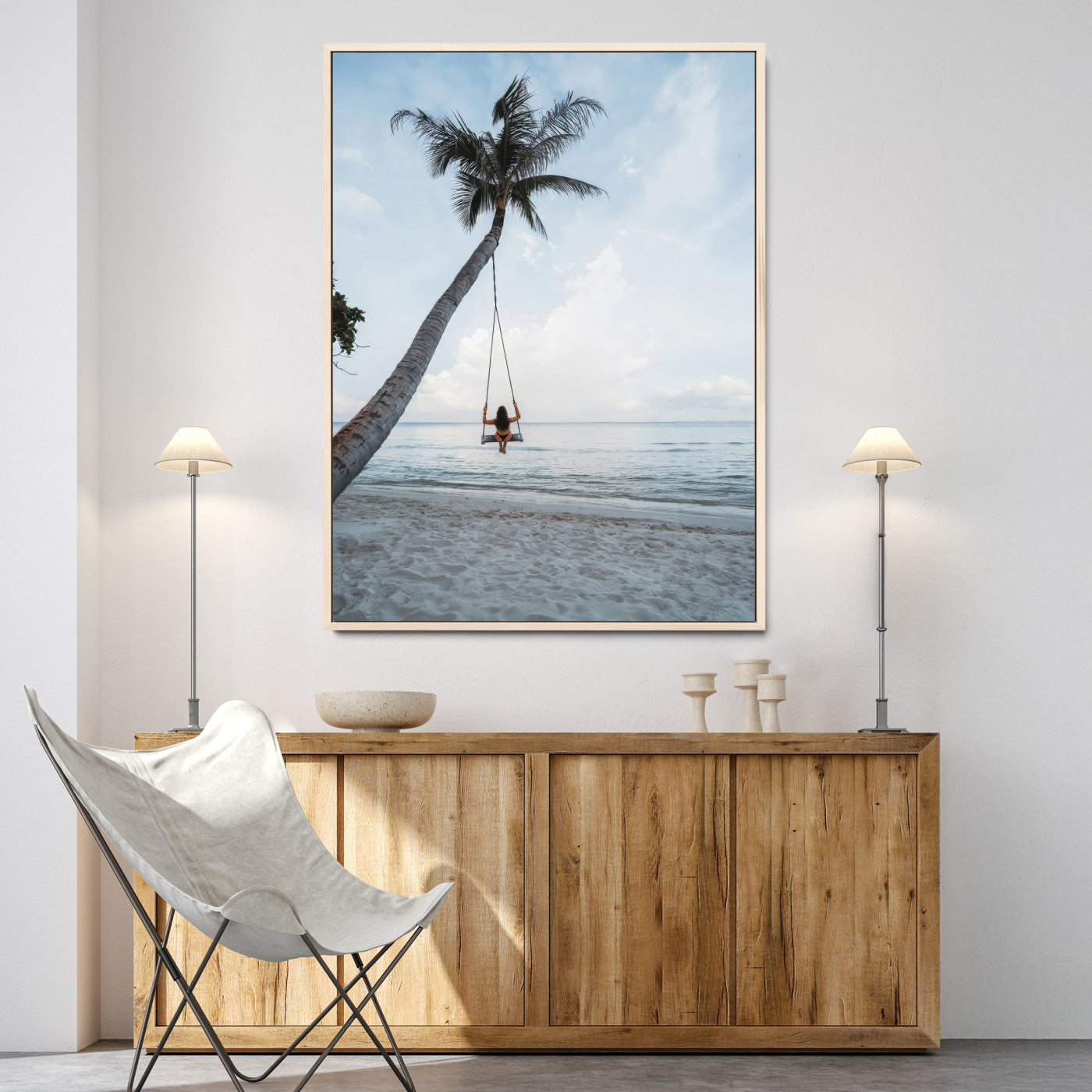86062249-MGV-CV-36X24-Tropical Swing Wall Art Canvas Print – Palm Trees Ocean View Relaxing Beach Minimalist Coastal Decor Artwork