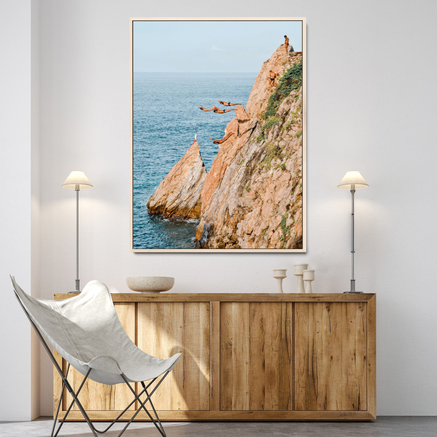 -Cliff Divers Wall Art Canvas Print, Framed Oceanfront Art Picture Print, Coastal Perfect Adventurous