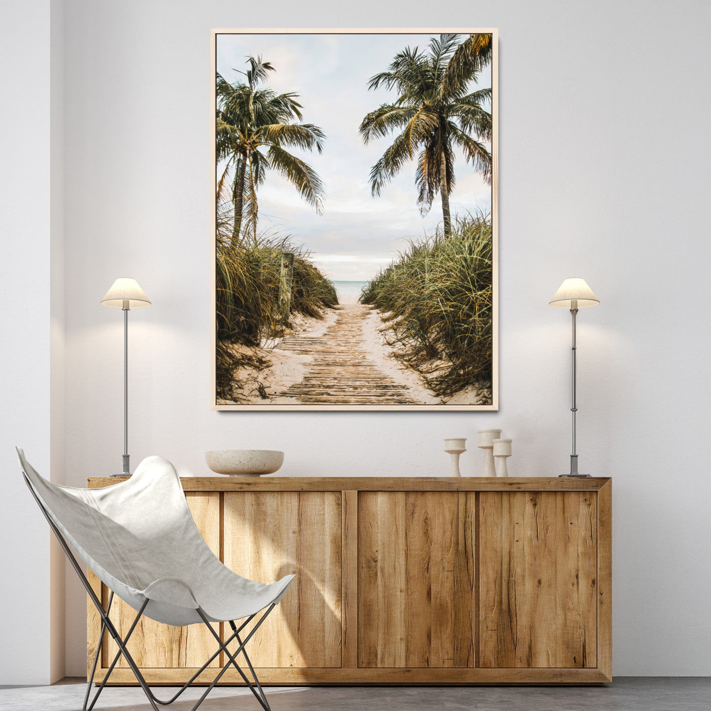 47319550-MGV-CV-36X24-Tropical Beach Wall Art Canvas Print – Framed Coastal Palm Tree Scene with Rustic Sand Ocean Artwork for Home, Office