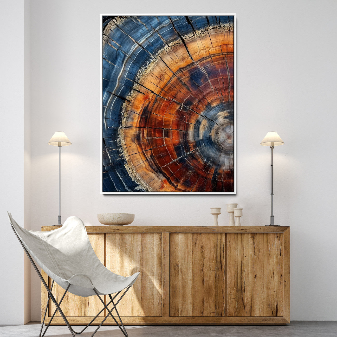 38379387-MGV-CV-36X24-Tree Rings Wall Art Canvas Print – Blue Wood Grain Rustic Texture Natural Earthy Nature Artwork for Home Office