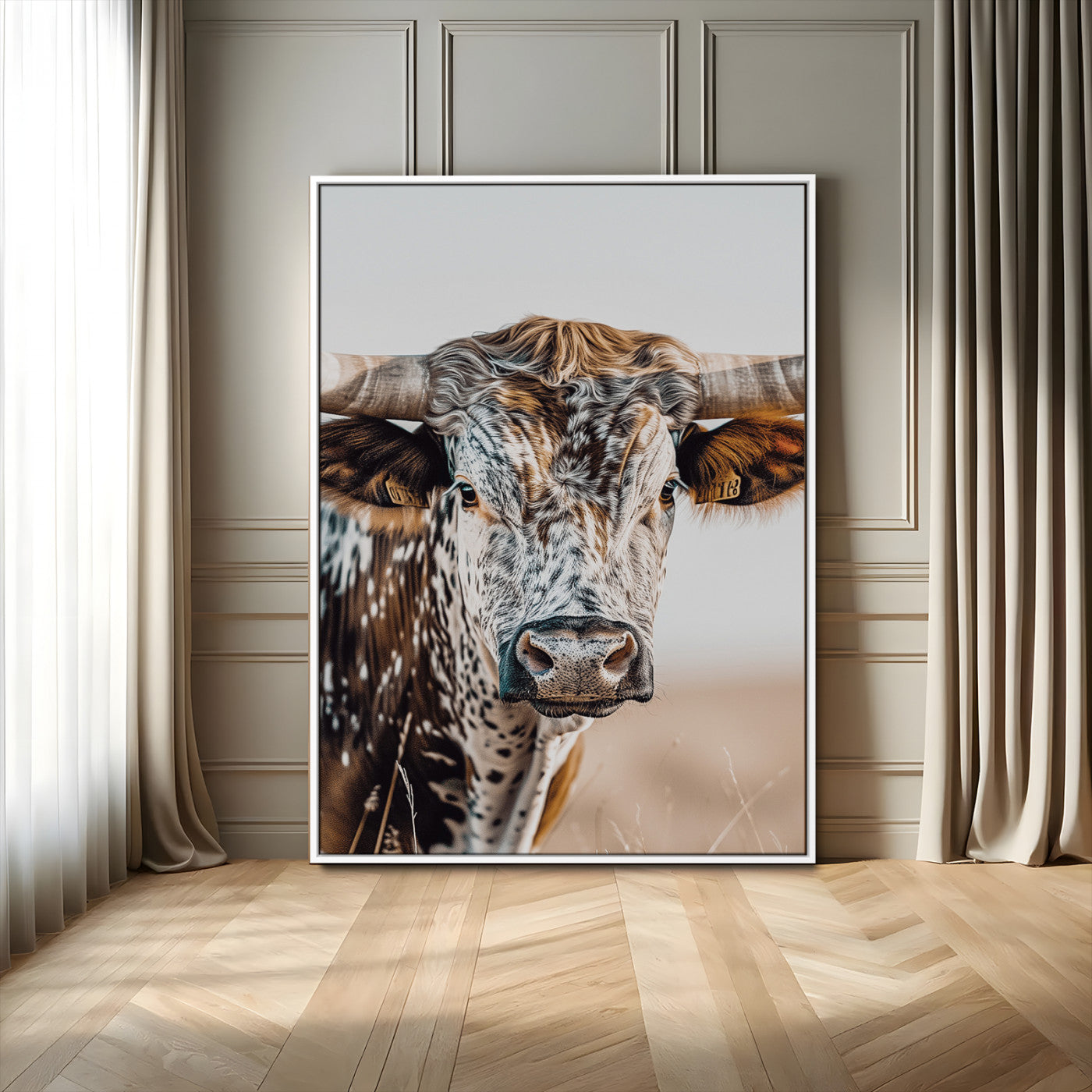 50803532-MGV-FC-24X36_White-Texas Longhorn Wall Art Canvas Print, Framed Speckled Cow Art Picture Print, Horned Bull Perfect Rustic Western Decor Artwork