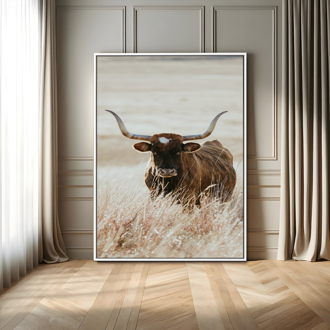 20990845-MGV-FC-24X36_White-Texas Longhorn Wall Art Canvas Print, Framed Brown Cattle Art Picture Print, Horned Bull Perfect Rustic Western Decor Artwork