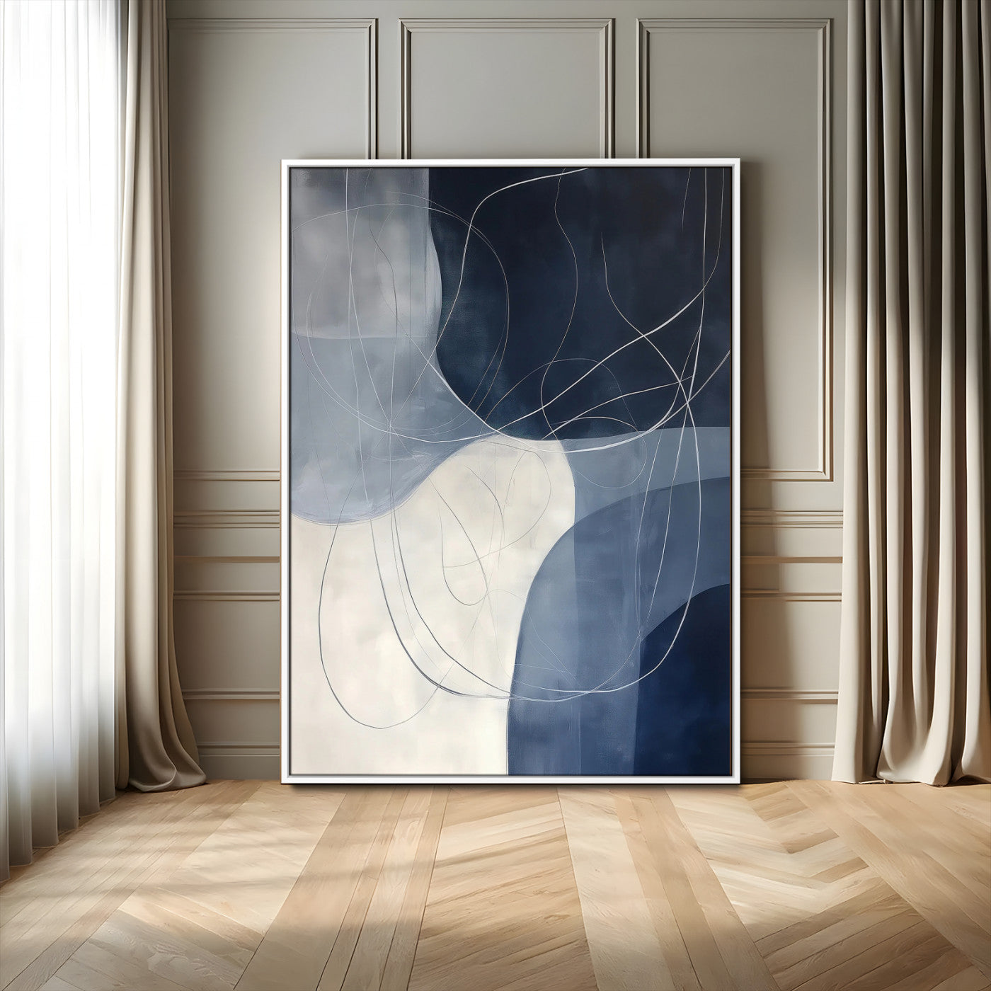 62566633-MGV-FC-24X36_White-Navy Abstract Wall Art Canvas Print – Framed Minimal Lineart Shapes Modern Geometric Minimalist Artwork for Home Office