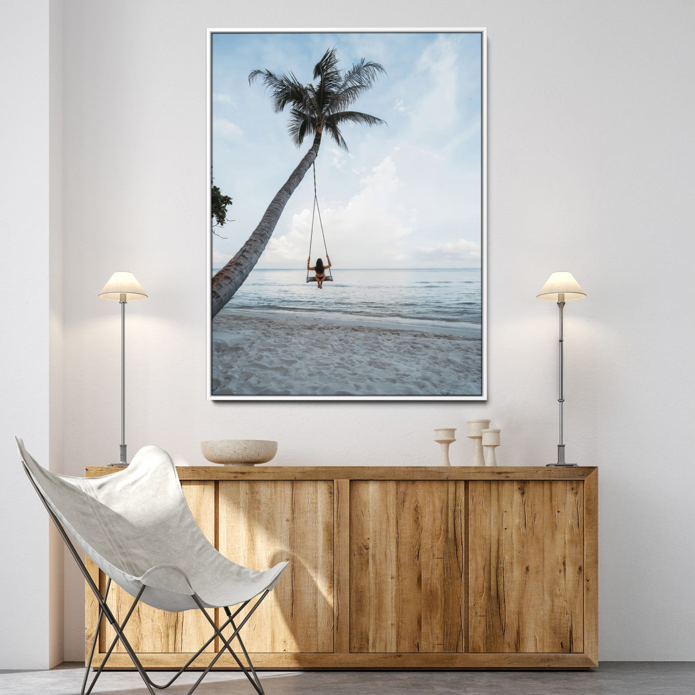 86062249-MGV-CV-36X24-Tropical Swing Wall Art Canvas Print – Palm Trees Ocean View Relaxing Beach Minimalist Coastal Decor Artwork