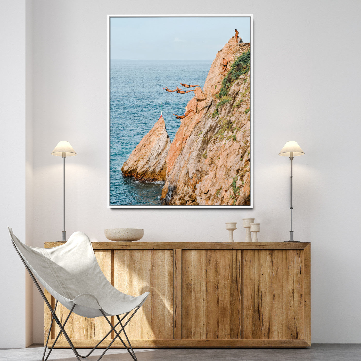 -Cliff Divers Wall Art Canvas Print, Framed Oceanfront Art Picture Print, Coastal Perfect Adventurous