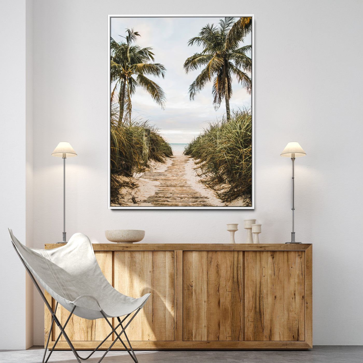 47319550-MGV-CV-36X24-Tropical Beach Wall Art Canvas Print – Framed Coastal Palm Tree Scene with Rustic Sand Ocean Artwork for Home, Office