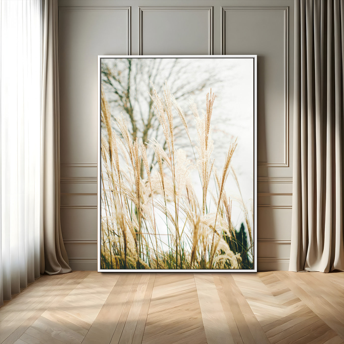 17571705-MGV-FC-24X36_White-Pampas Grass Wall Art Canvas Print – Framed Neutral Tones Minimalist Nature Scene Artwork for Home Office
