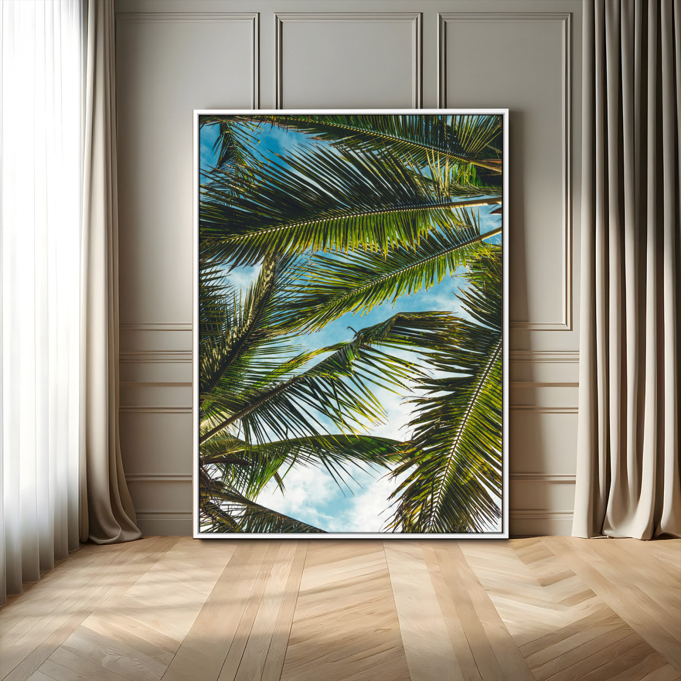 31086560-MGV-FC-24X36_White-Palm Leaves Wall Art Canvas Print – Framed Tropical Vibes Green Foliage Nature Scene Artwork for Home Office