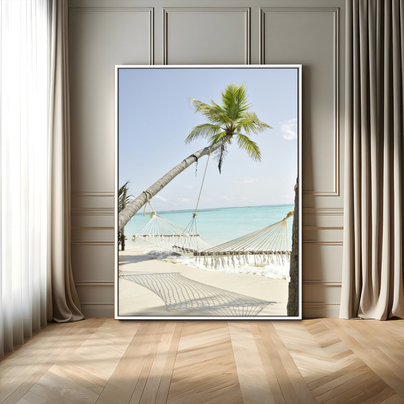 39927211-MGV-FC-24X36_White-Beach Hammock Wall Art Canvas Print – Framed Tropical Paradise Coastal Serenity Artwork for Home Office