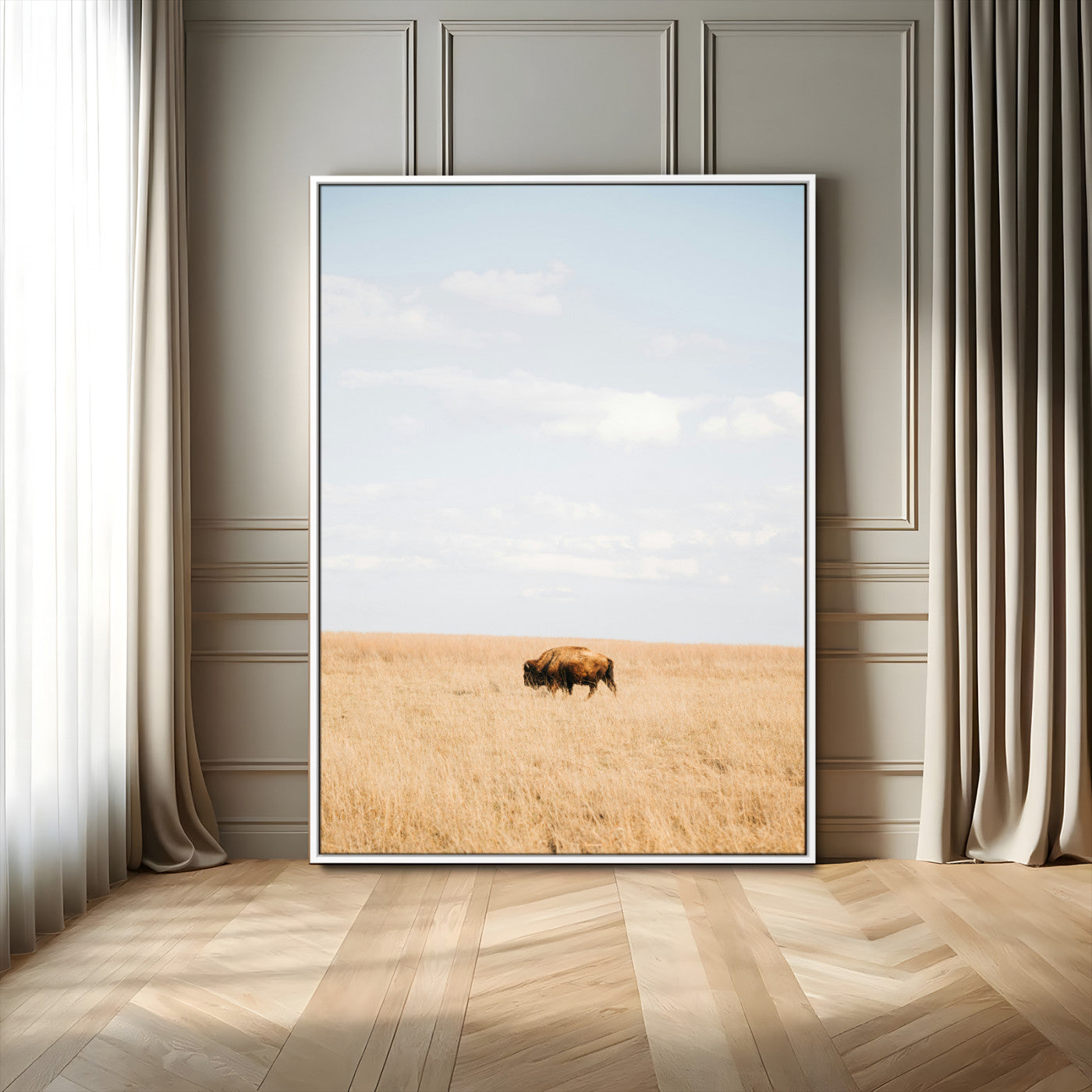 96766166-MGV-FC-24X36_White-Minimalist Nature Wall Art Canvas Print – Framed Bison Grassland Open Field Nature Scene Artwork for Home Office
