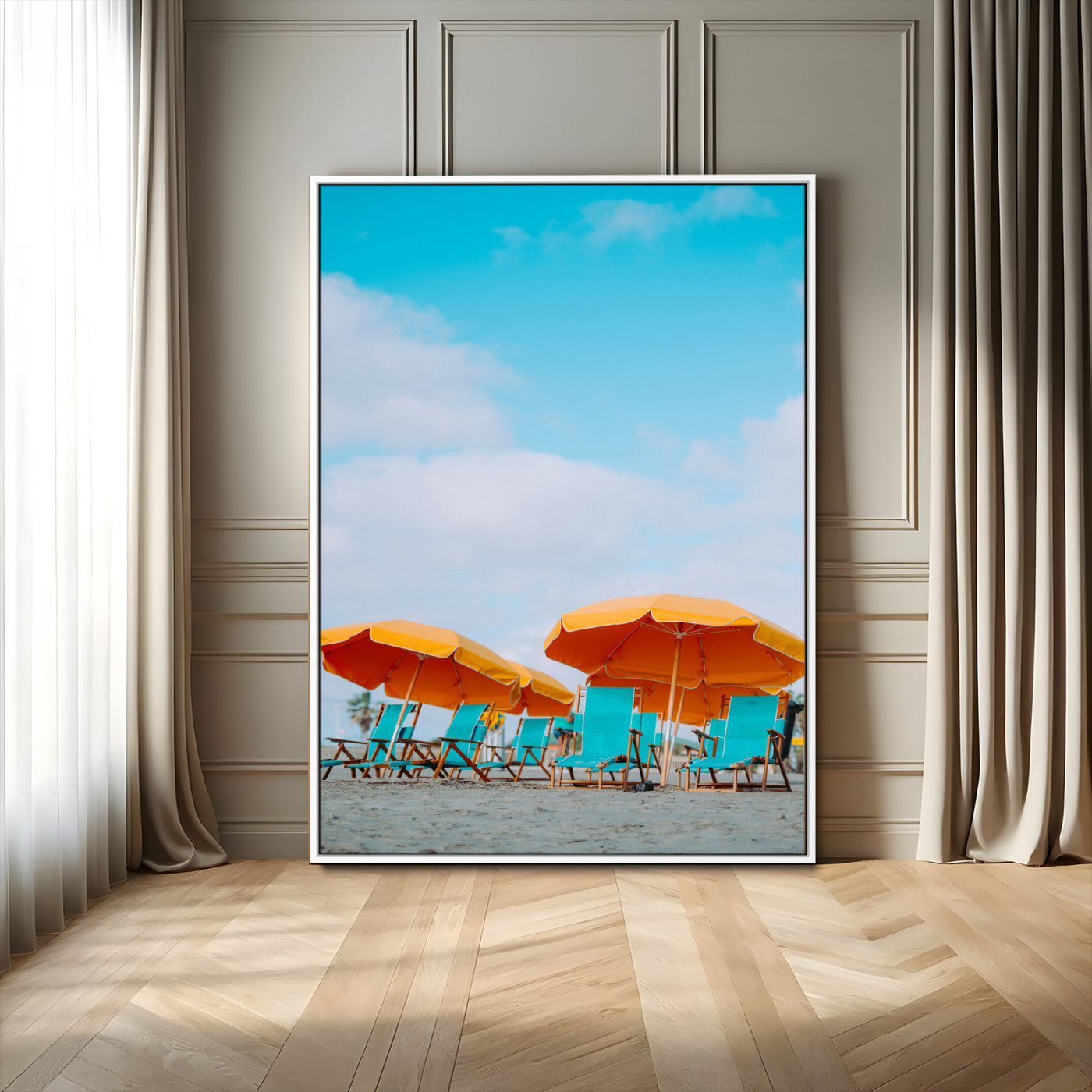 20422711-MGV-FC-24X36_White-Beach Umbrellas Wall Art Canvas Print – Framed Tropical Coastal Paradise Nature Scene Artwork for Home Office