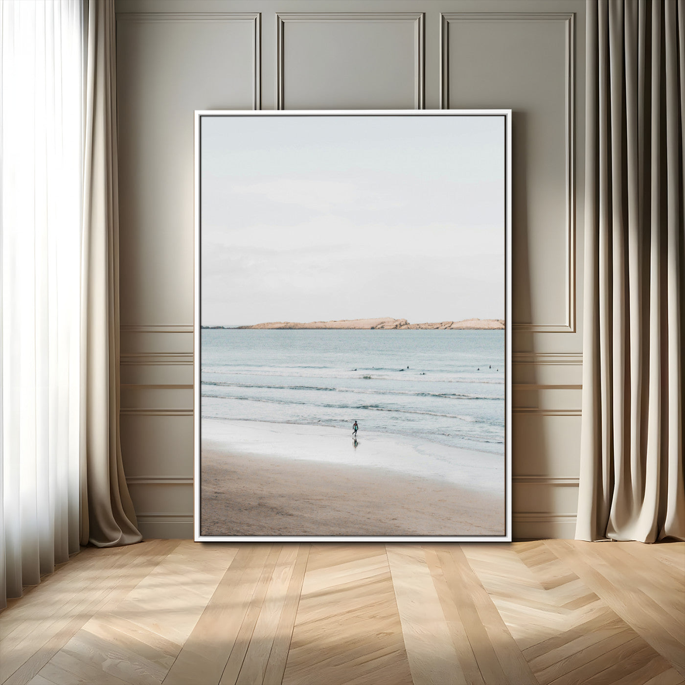 66350373-MGV-FC-24X36_White-Minimalist Beach Wall Art Canvas Print – Framed Soft Blue Tones Tranquil Ocean Coastal Minimalist Artwork for Home, Office