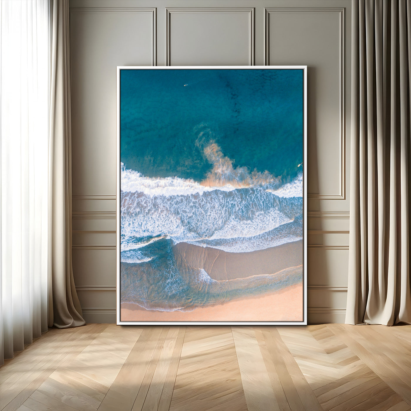97740681-MGV-FC-24X36_White-Aerial Beach View Wall Art Canvas Print – Framed Ocean Waves Coastal Serenity Minimalist Seascape Artwork for Home, Office