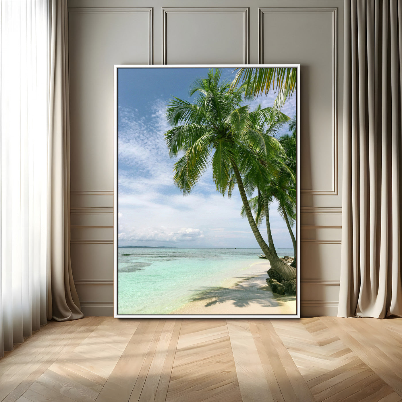 80489589-MGV-FC-24X36_White-Tropical Beach Palm Trees Canvas Print – Framed Island Coastal Wall Art Bright Ocean Horizon Photography for Home, Office