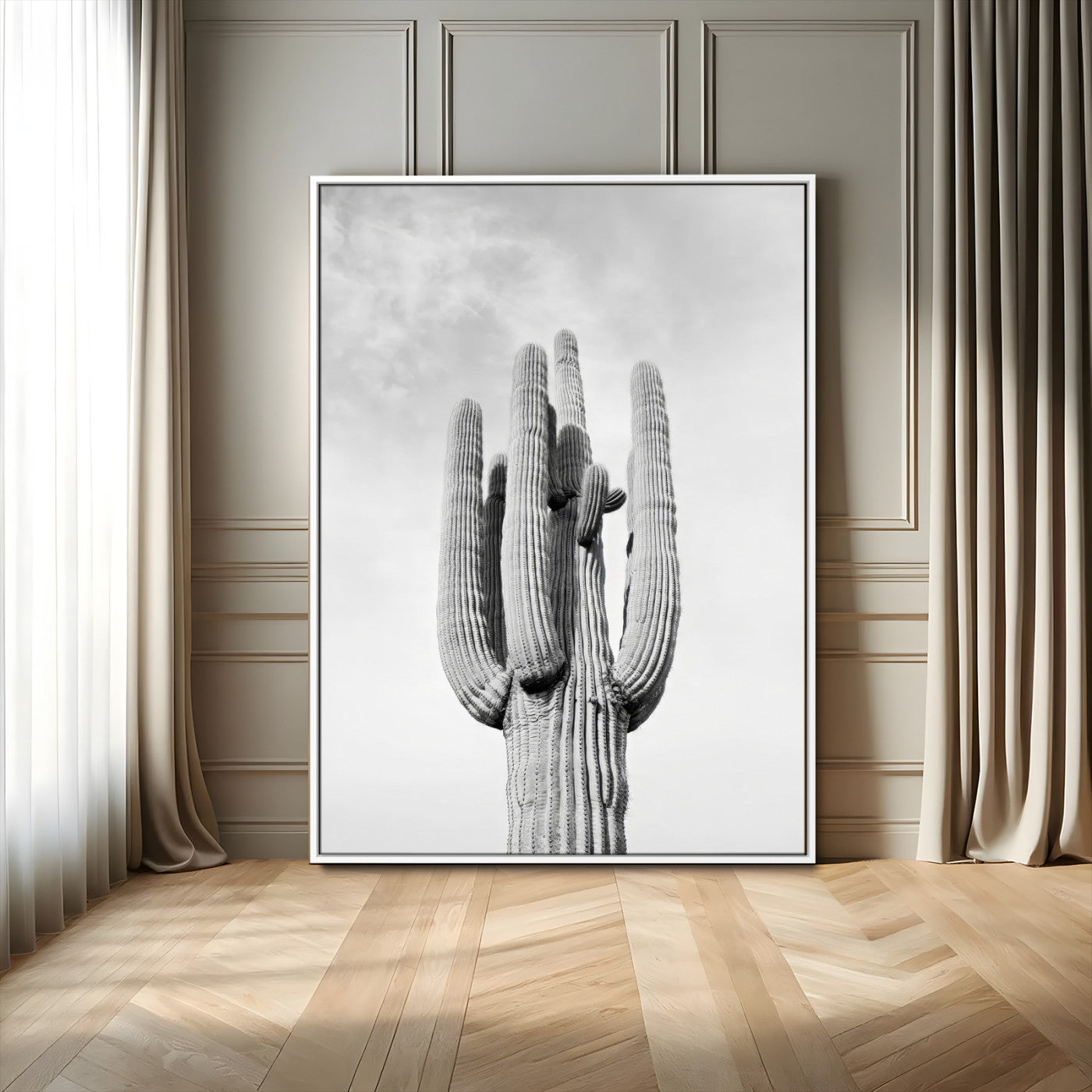 96094346-MGV-FC-24X36_White-Saguaro Cactus Wall Art – Black and White Desert Landscape Canvas Print, Modern Minimalist Nature Decor for Home, Office