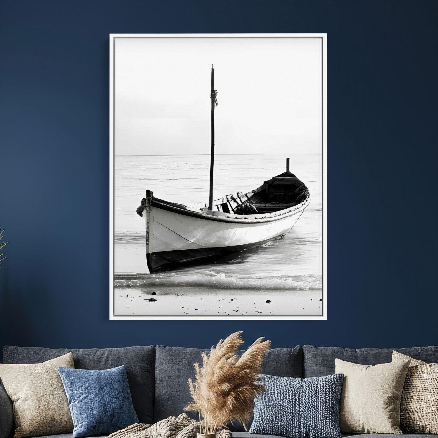 13080776-MGV-CV-24X36 - Minimal Boat Wall Art Canvas Print – Black and White Coastal Photography Artwork Print for Living Room, Bedroom, and Office Decor