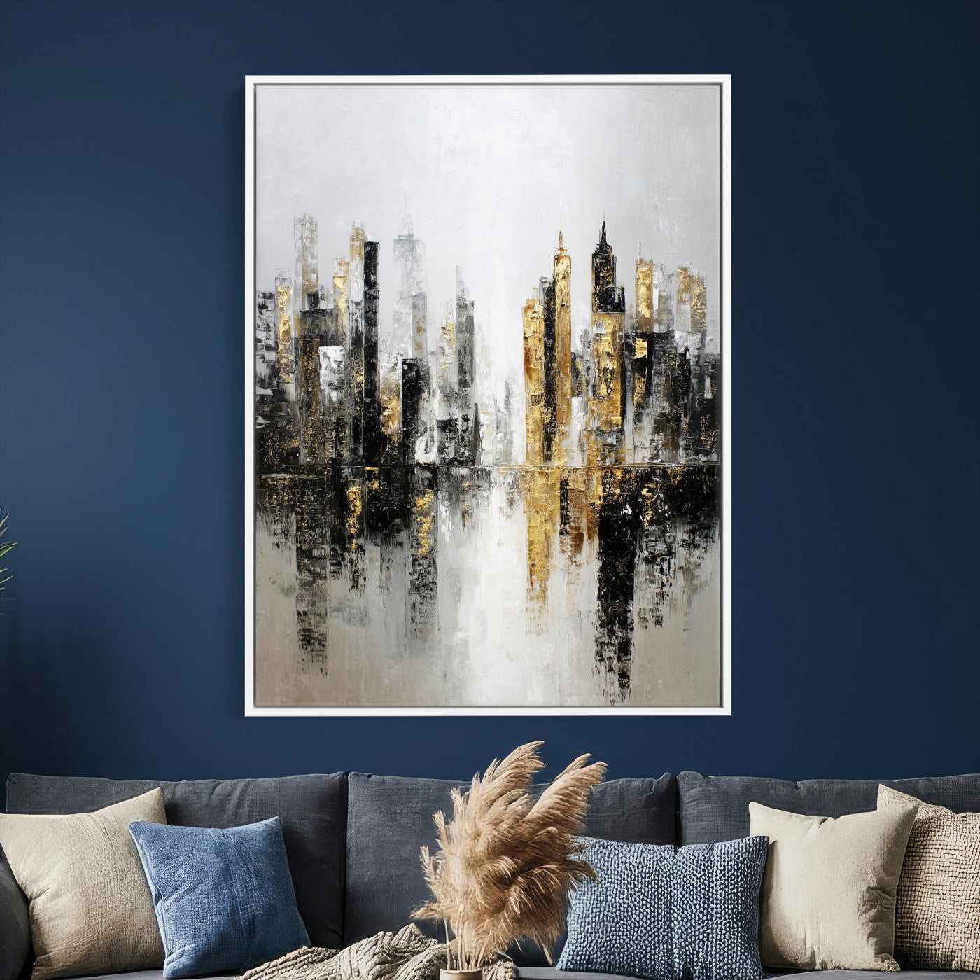 38126217-MGV-CV-24X36 - Abstract Urban Reflection Wall Art Canvas Print, Gold Black Modern Architecture Canvas Print, Contemporary Moody City Artwork for Living Room Decor