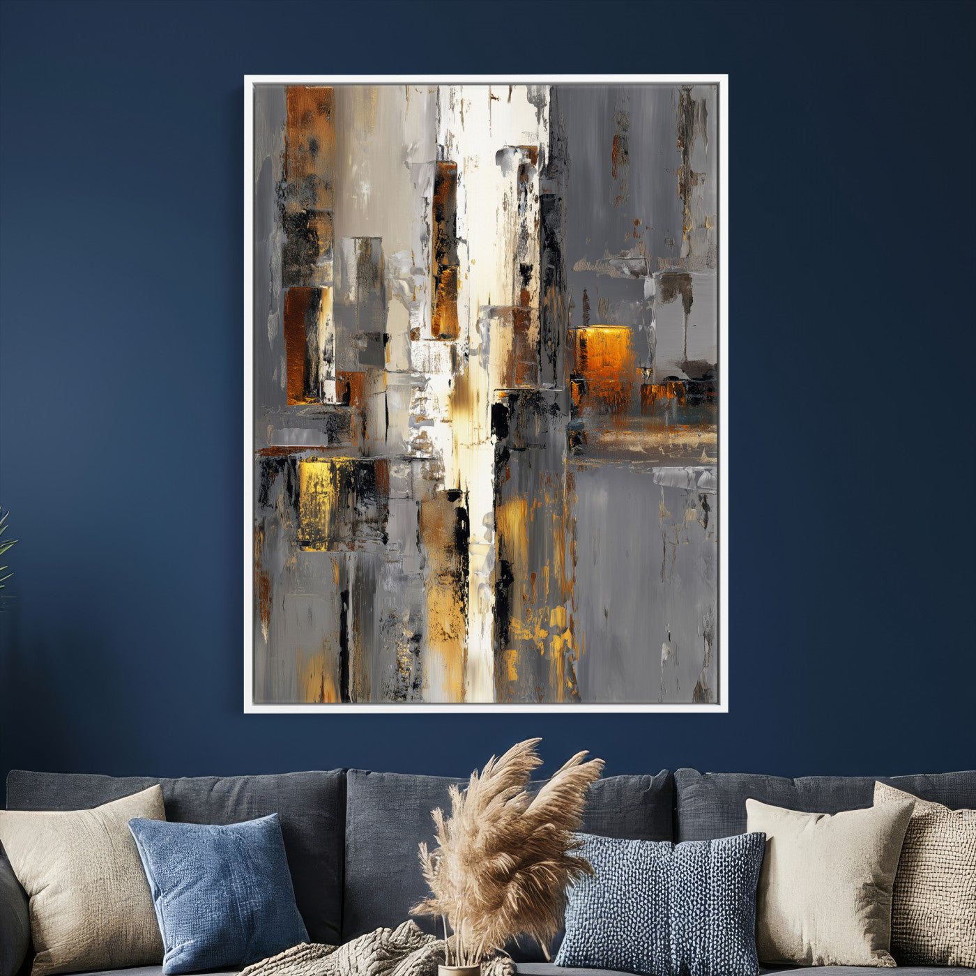 35992080-MGV-CV-24X36 - Abstract Urban Reflection Wall Art Canvas Print, Gold Black Modern Architecture Canvas Print, Contemporary Moody City Artwork for Living Room Decor