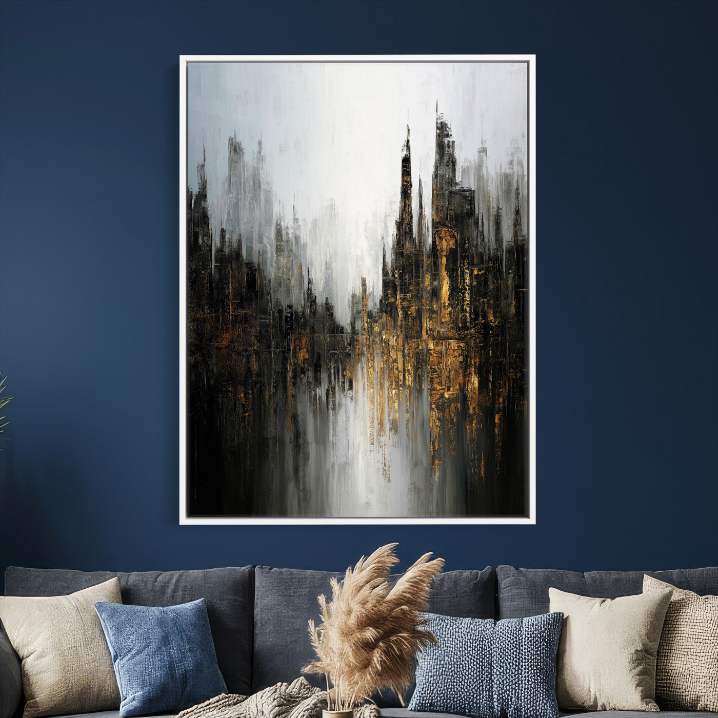 39629486-MGV-CV-24X36 - Abstract Urban Reflection Wall Art Canvas Print, Gold Black Modern Architecture Canvas Print, Contemporary Moody City Artwork for Living Room Decor