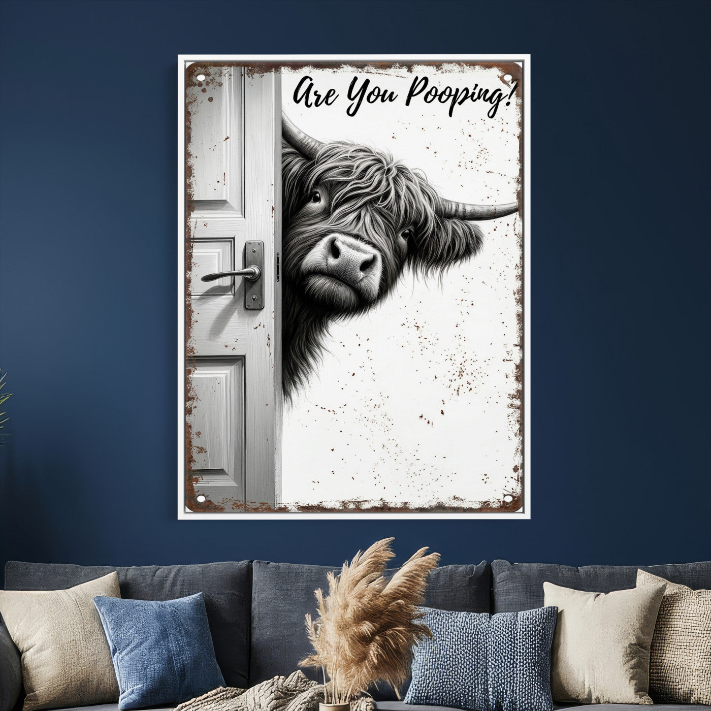 8151788G6-MGV-CV-24X36 - Funny Highland Cow Bathroom Wall Art Canvas Print, Are You Pooping Cow Sign, Rustic Farmhouse Bathroom Decor