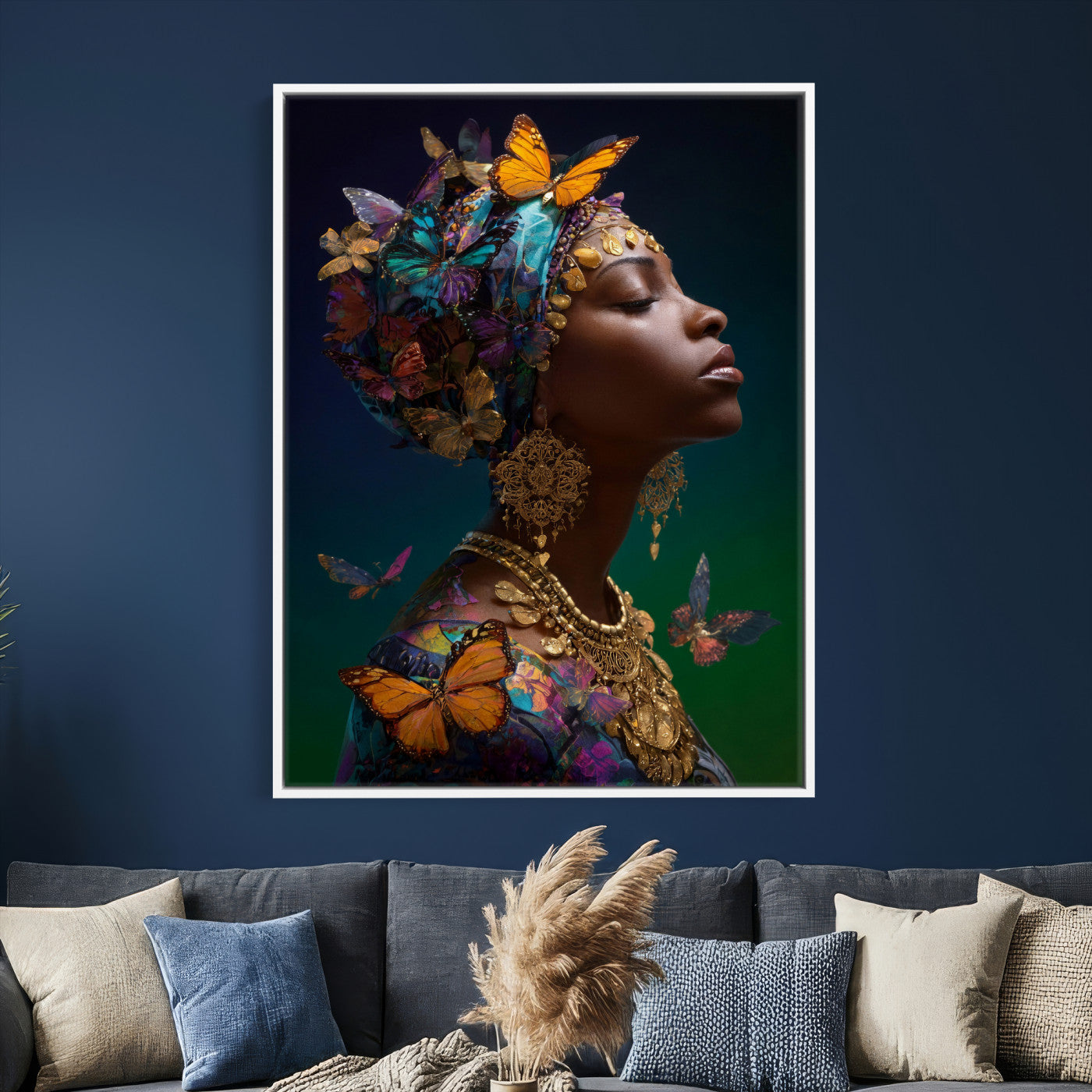 620930SZC0-MGV-CV-24X36 - Butterfly Crown Gold Woman Portrait — Monarch Queen Canvas Print | Teal Dark Fantasy Art | Boho Bedroom Wall Decor | Empowerment Gift Her