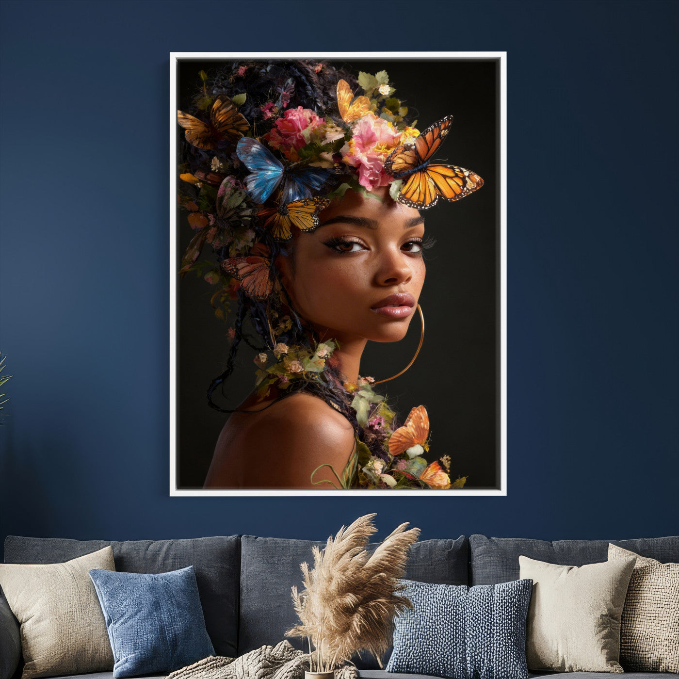 620930SZC10-MGV-CV-24X36 - Butterfly Crown Gold Woman Portrait — Monarch Queen Canvas Print | Teal Dark Fantasy Art | Boho Bedroom Wall Decor | Empowerment Gift Her