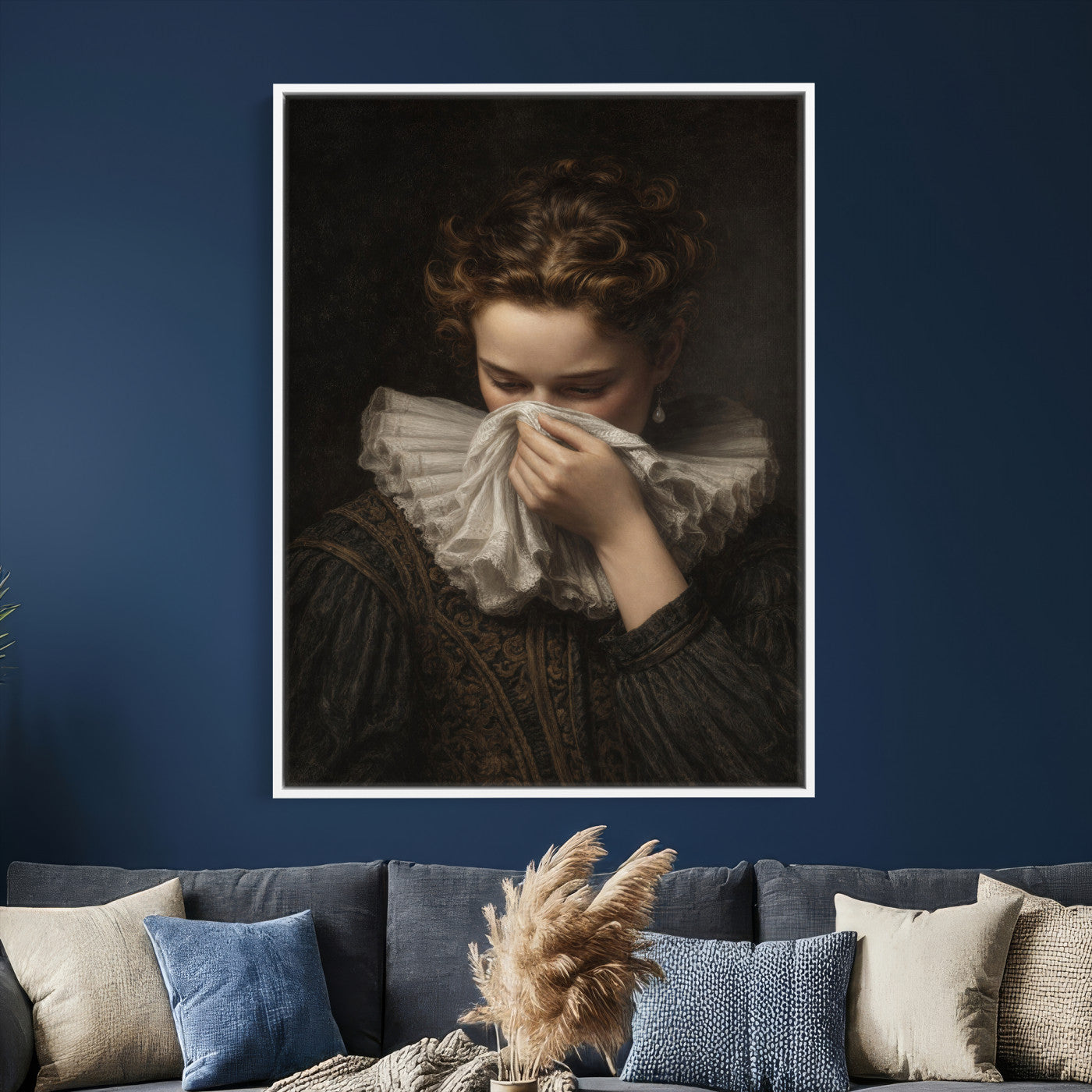 62652430-MGV-CV-24X36 - Baroque Portrait Canvas Wall Art, Flemish Woman with Lace Collar Print for Bathroom Wall Art, Funny Toilet Decor, Renaissance Style Portrait, Moody Vintage Wall Art