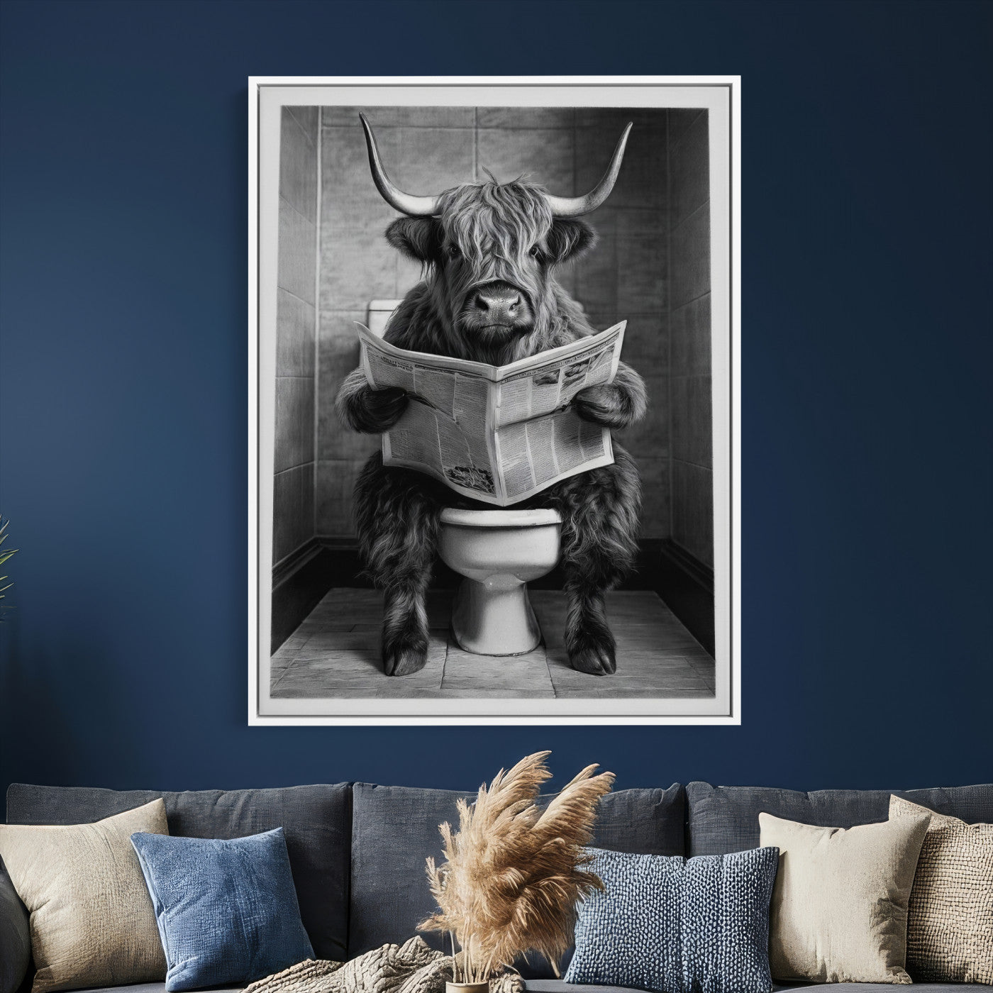 56930218-MGV-CV-24X36 - Funny Bathroom Canvas Wall Art, Texas Longhorn on Toilet Reading Newspaper, Humor Animal Print, Farmhouse Bathroom Decor, Quirky Cow Gift, Toilet Room Art