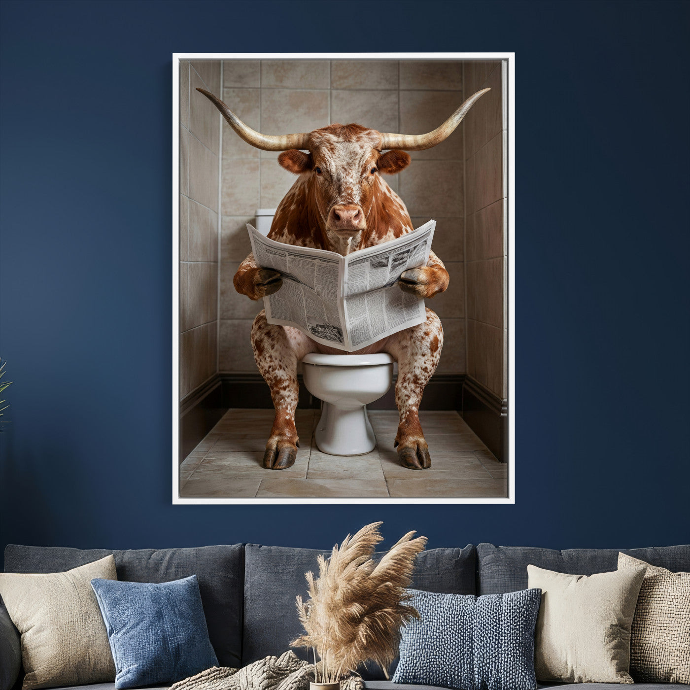 17728527-MGV-CV-24X36 - Funny Bathroom Canvas Wall Art, Texas Longhorn on Toilet Reading Newspaper, Humor Animal Print, Farmhouse Bathroom Decor, Quirky Cow Gift, Toilet Room Art