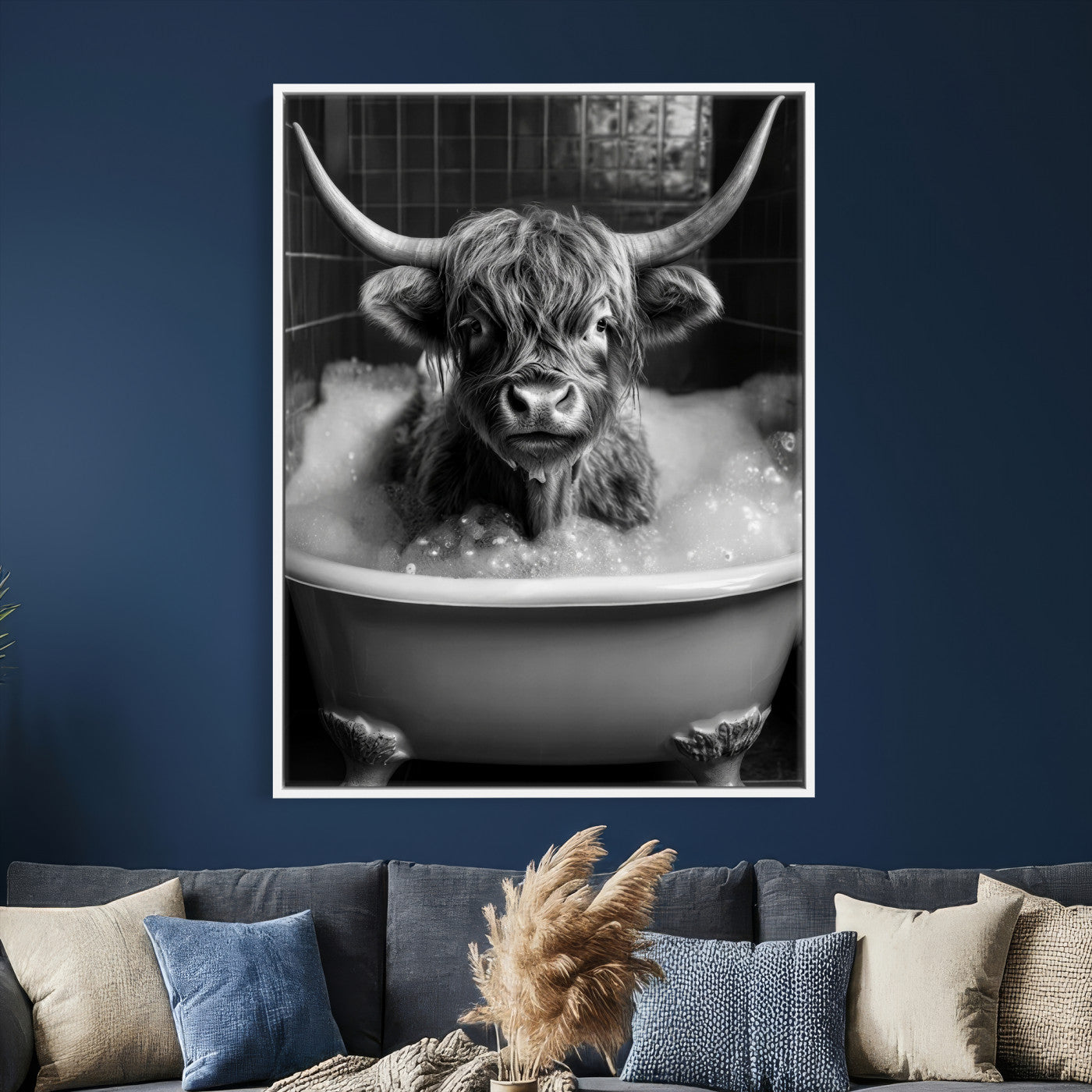 44020264-MGV-CV-24X36 - Highland Cow Bathtub Canvas Wall Art, Funny Bathroom Print Black White, Grumpy Cow Bubble Bath Decor, Animal Bathroom Art, Farmhouse Humor Print, Cute Cow Gift