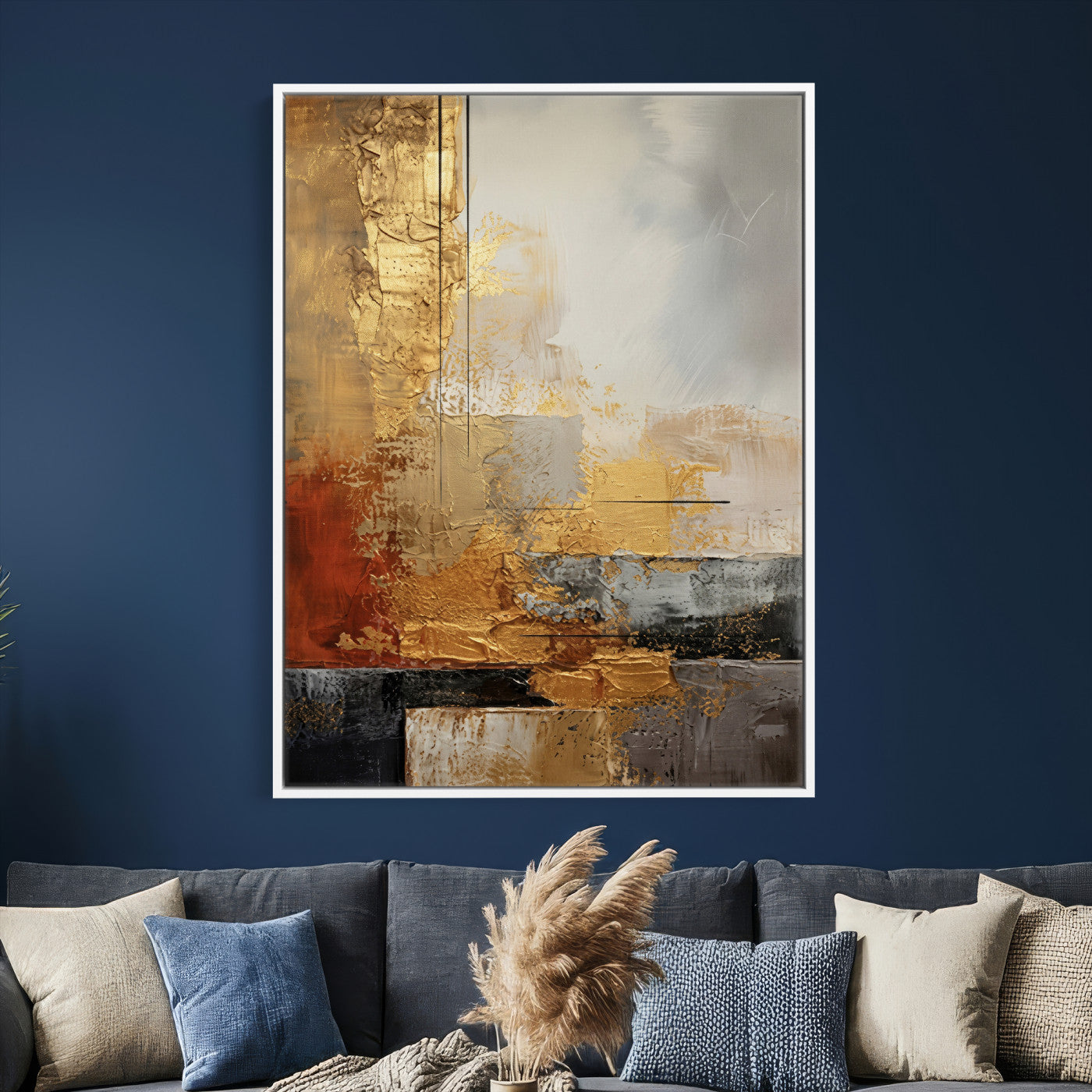 98453723G-MGV-CV-24X36 - Gold Abstract Canvas Wall Art, Luxury Textured Style Gold Leaf Painting Print, Modern Glam Decor, Gold Grey Rust Abstract Art, Living Room Statement Art