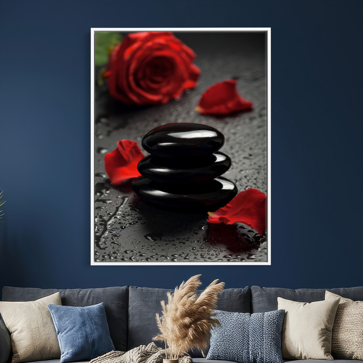 37334763-MGV-CV-24X36 - Black Lava Stone Rose Canvas | Red Rose Spa Photography Print | Stacked Stones Dark Luxury Wall Art | Dramatic Bathroom Decor