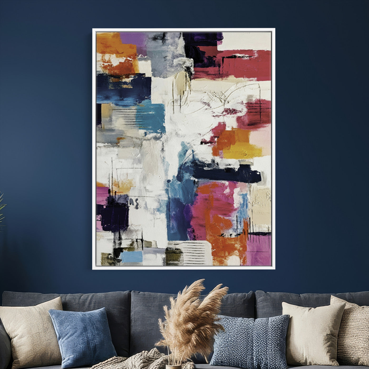 83175929-MGV-CV-24X36 - Blue Teal Abstract Canvas Wall Art, Modern Textured Painting Print, Navy Orange White Contemporary Art, Neutral Living Room Decor, Office Art