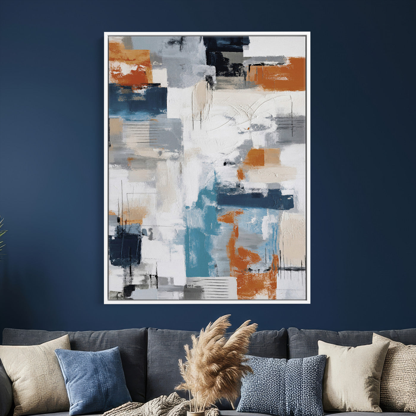 39825760-MGV-CV-24X36 - Blue Teal Abstract Canvas Wall Art, Modern Textured Painting Print, Navy Orange White Contemporary Art, Neutral Living Room Decor, Office Art