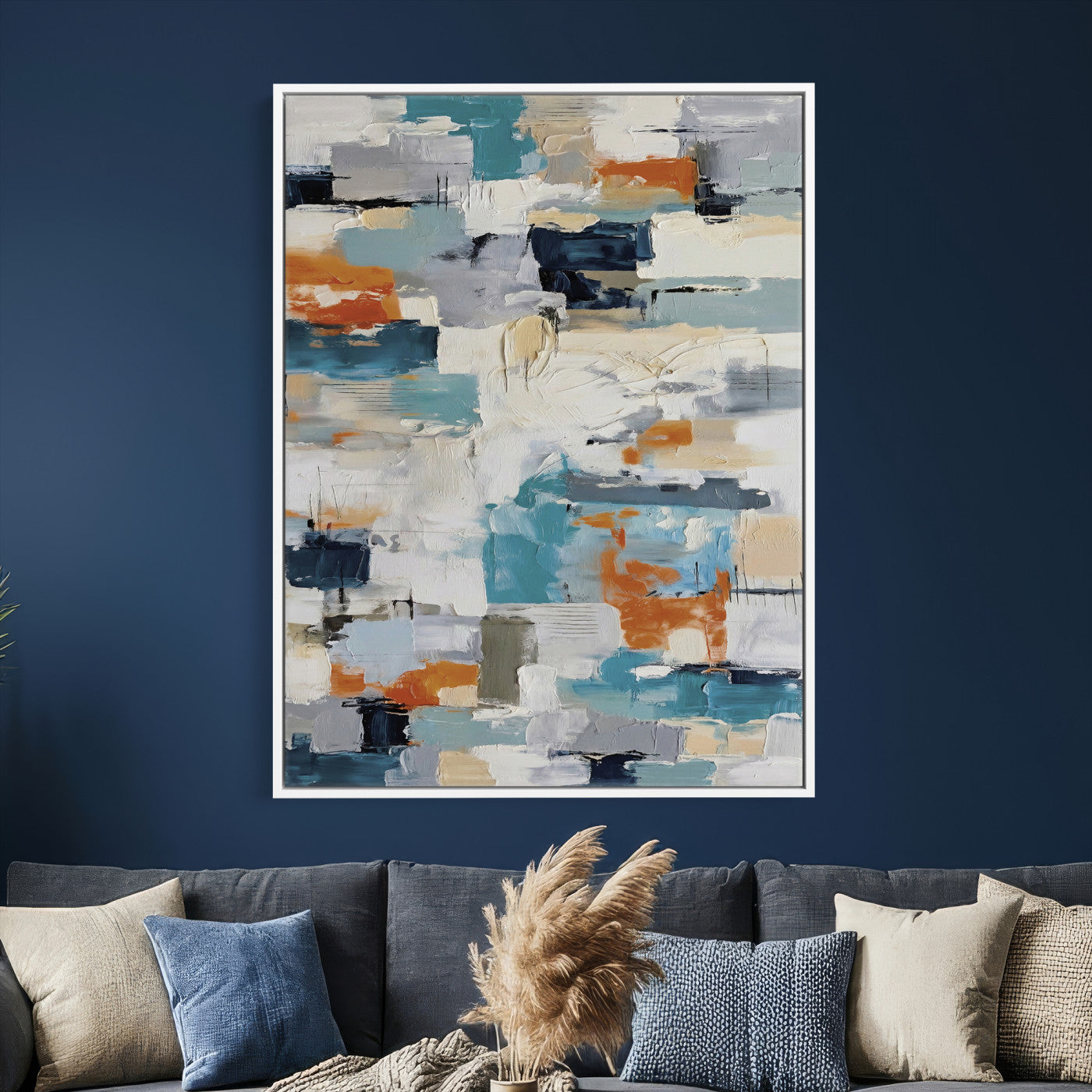 74742966-MGV-CV-24X36 - Blue Teal Abstract Canvas Wall Art, Modern Textured Painting Print, Navy Orange White Contemporary Art, Neutral Living Room Decor, Office Art