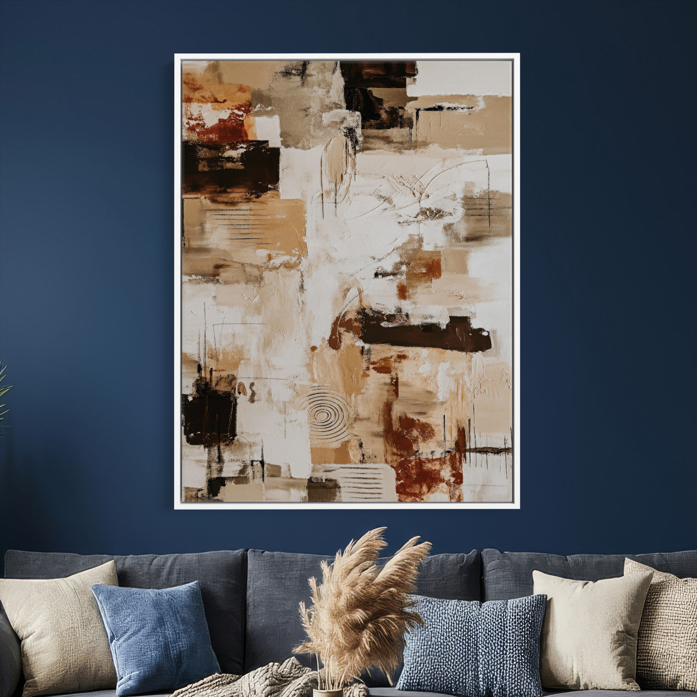 90644187-MGV-CV-24X36 - Blue Teal Abstract Canvas Wall Art | Modern Textured Painting Print, Navy Orange White Contemporary Art - Neutral Living Room Decor, Office Art
