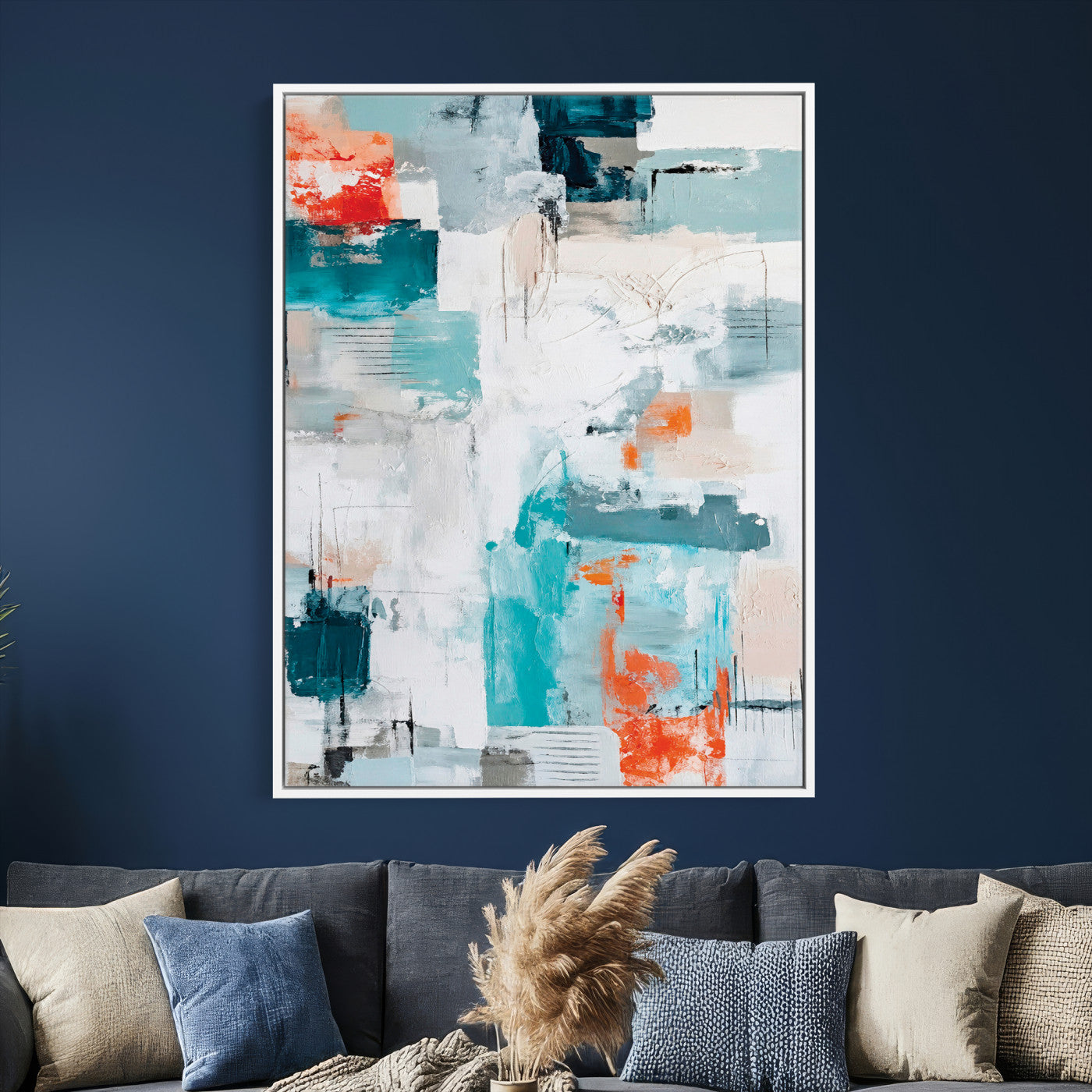 47011485-MGV-CV-24X36 - Blue Teal Abstract Canvas Wall Art, Modern Textured Painting Print, Navy Orange White Contemporary Art, Neutral Living Room Decor, Office Art