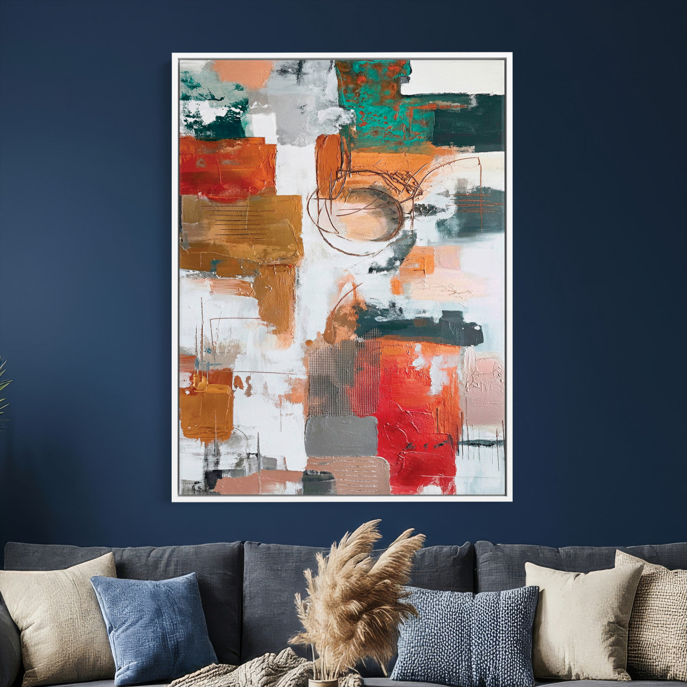 71530836-MGV-CV-24X36 - Blue Teal Abstract Canvas Wall Art | Modern Textured Painting Print, Navy Orange White Contemporary Art, Neutral Living Room Decor, Office Art