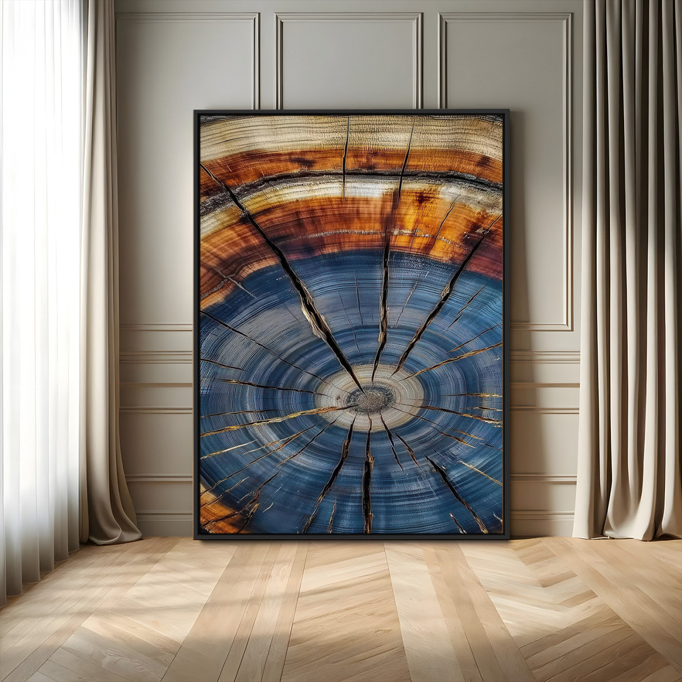 58959380-MGV-FC-24X36_Black-Tree Rings Wall Art Canvas Print – Blue Wood Grain Rustic Pattern Natural Texture Artwork for Modern Home Office