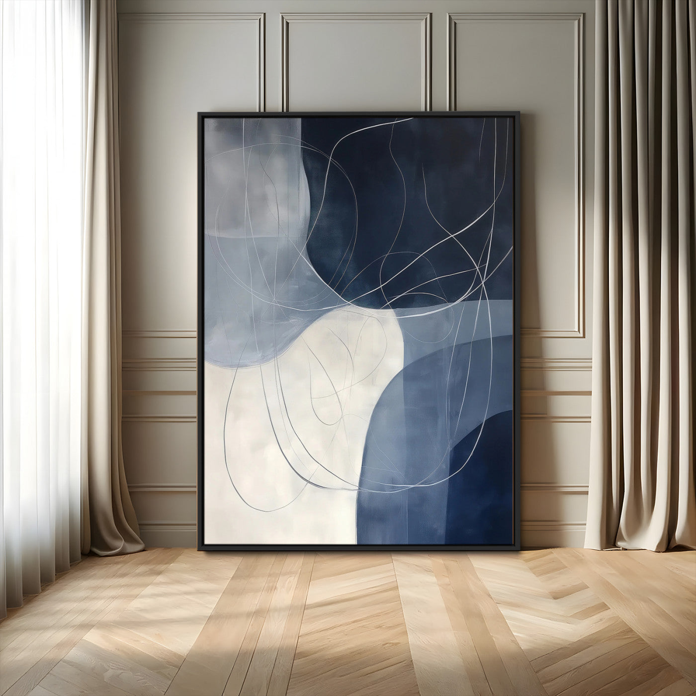62566633-MGV-FC-24X36_Black-Navy Abstract Wall Art Canvas Print – Framed Minimal Lineart Shapes Modern Geometric Minimalist Artwork for Home Office