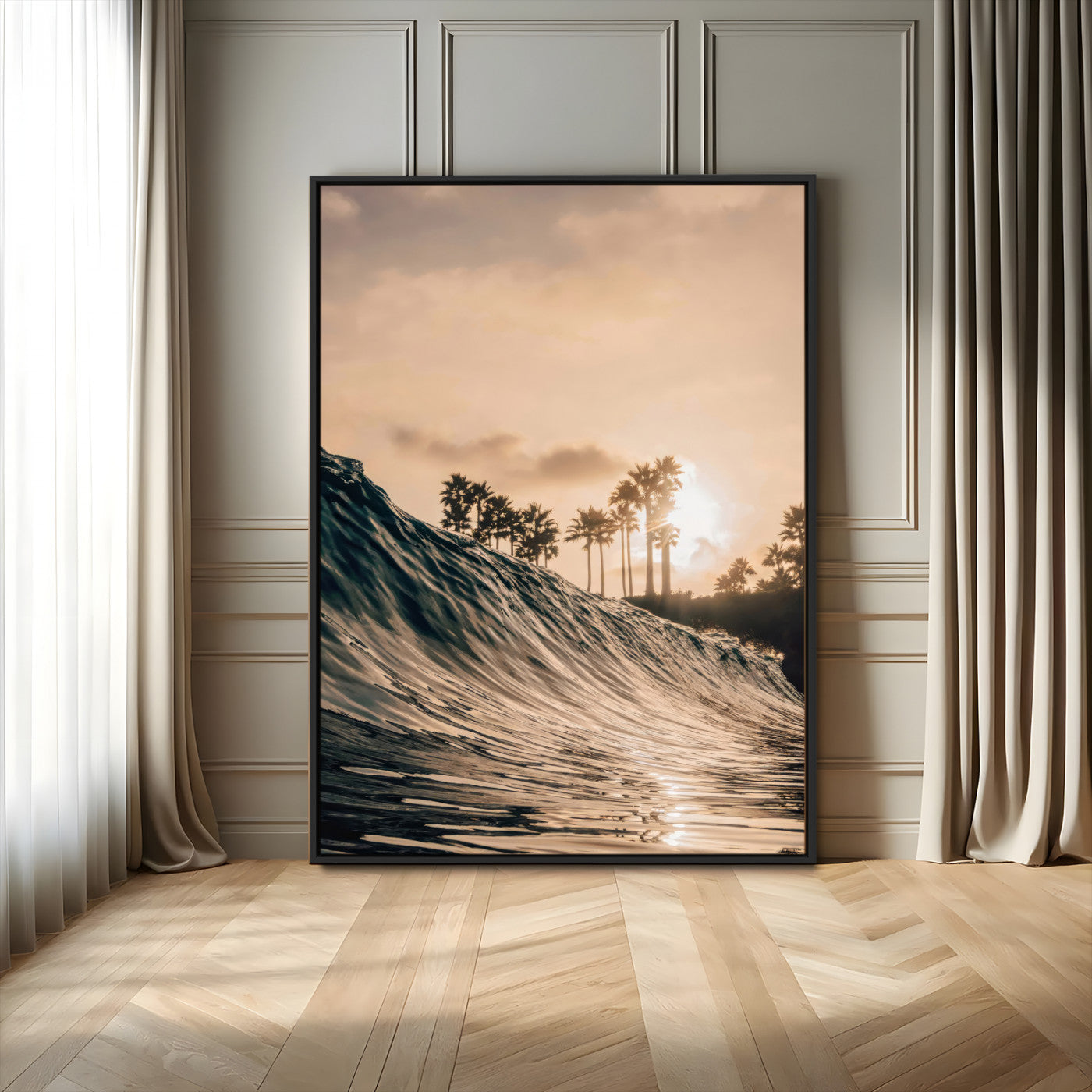 50270635-MGV-FC-24X36_Black-Golden Hour Ocean Wave Wall Art Canvas Print – Framed Tropical Beach Sunset Palm Silhouette Coastal Artwork for Home Office