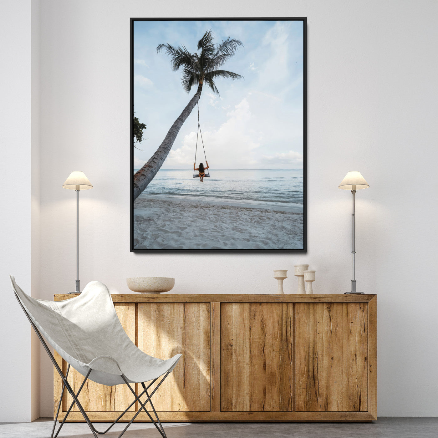 86062249-MGV-CV-36X24-Tropical Swing Wall Art Canvas Print – Palm Trees Ocean View Relaxing Beach Minimalist Coastal Decor Artwork