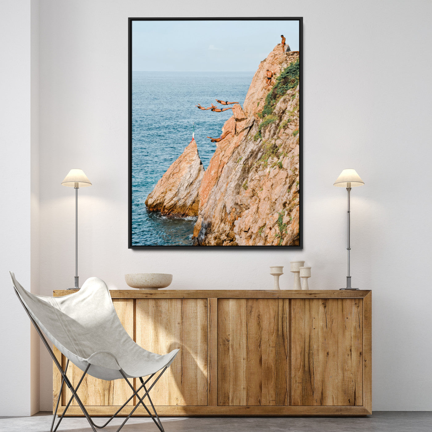 -Cliff Divers Wall Art Canvas Print, Framed Oceanfront Art Picture Print, Coastal Perfect Adventurous